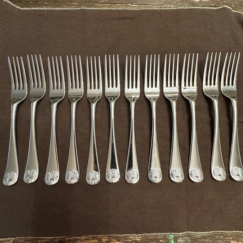 Kirk Stieff Williamsburg Royal Shell Stainless Steel 12 Pc Salad Forks 7 inch
